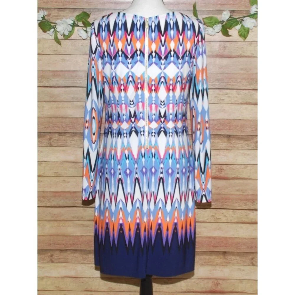 Vince Camuto Long Sleeve Geo Print Shift Dress Size 8 Office Career Bold Color